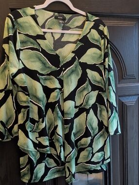 Alfani Black Tunic with Green Leaf Print